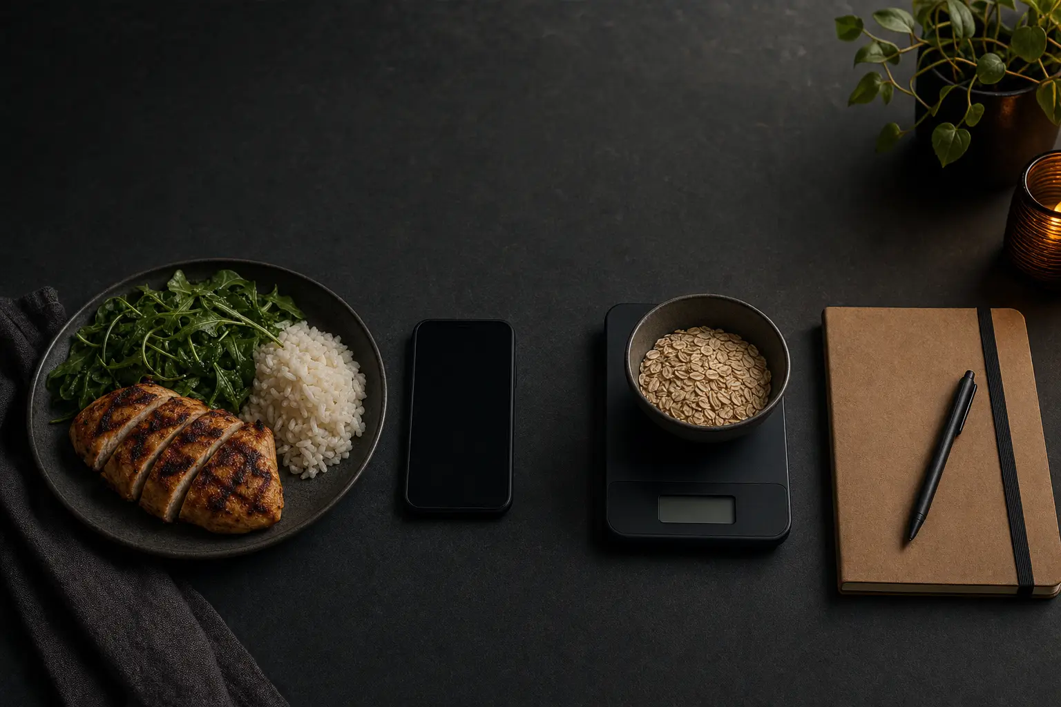 A dark slate counter with a plate of grilled chicken, rice and arugula, a smartphone with a blank screen, a kitchen scale holding a bowl of oats, and a closed notebook with a pen.
