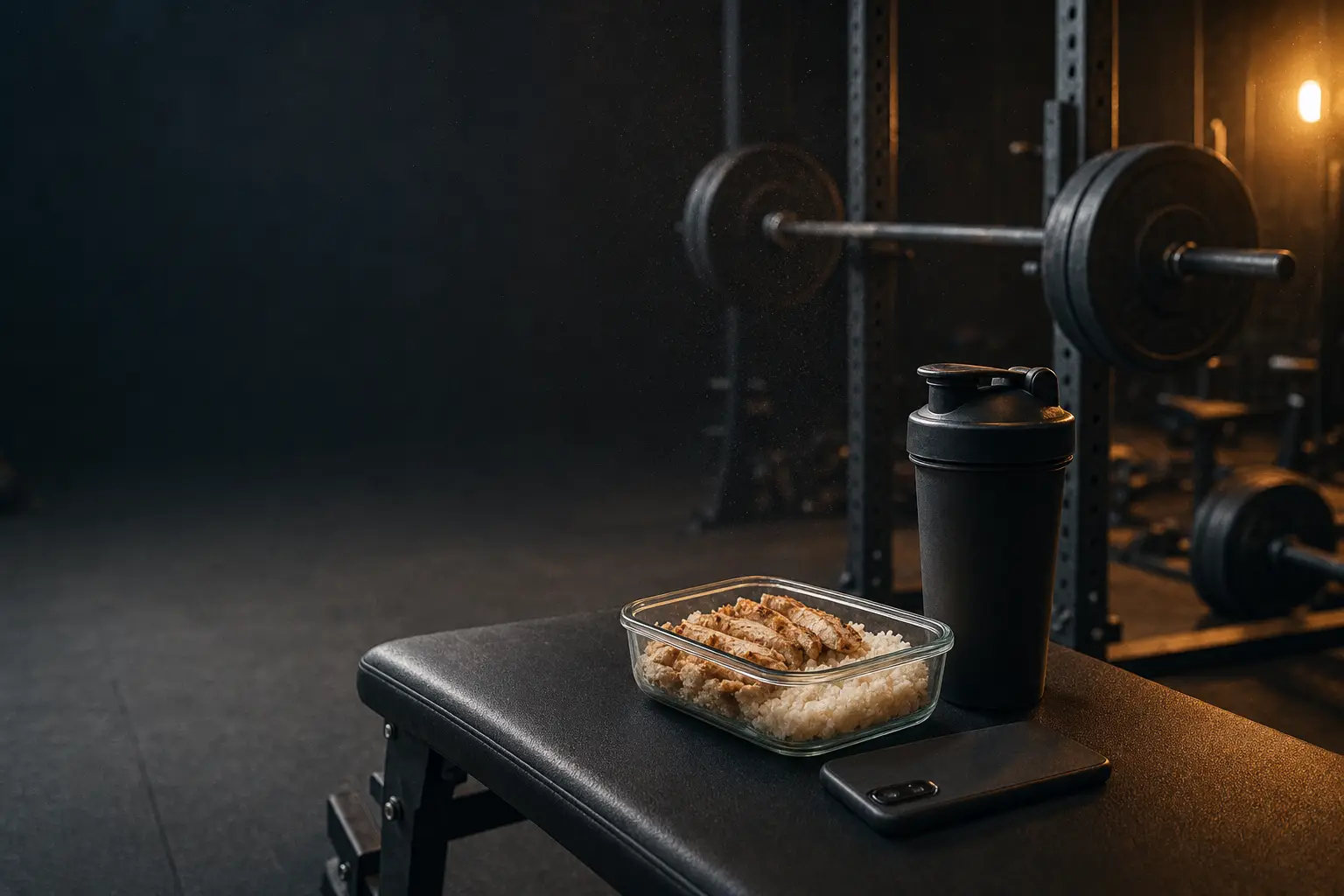 A weight bench in a dim gym holding a glass container of rice and chicken, a black shaker bottle and a face-down phone, with a loaded barbell on a squat rack behind it.