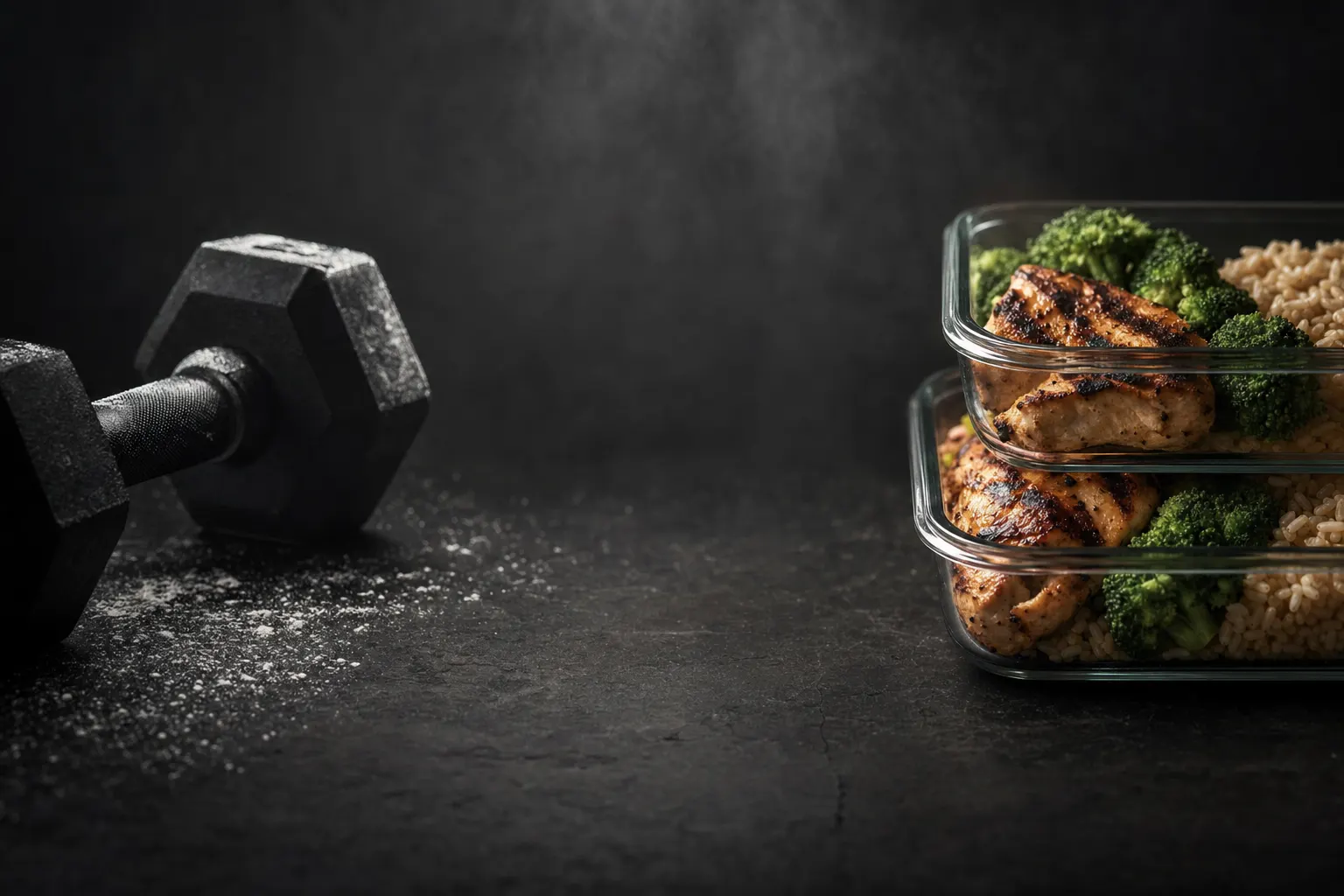 A black hex dumbbell dusted with chalk on the left and stacked glass meal-prep containers of grilled chicken, broccoli and rice on the right, on one dark stone surface.