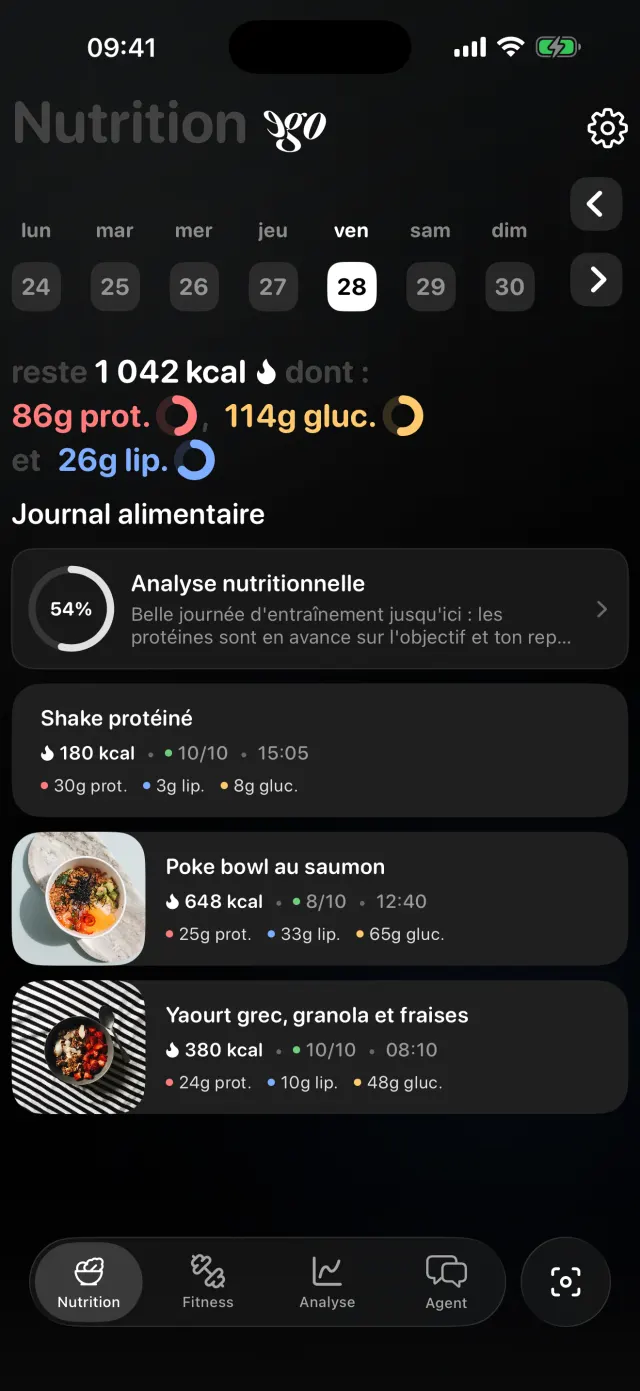 Journal alimentaire du jour dans ego&nbsp;: calories restantes, protéines, glucides et lipides face aux objectifs, et repas de la journée