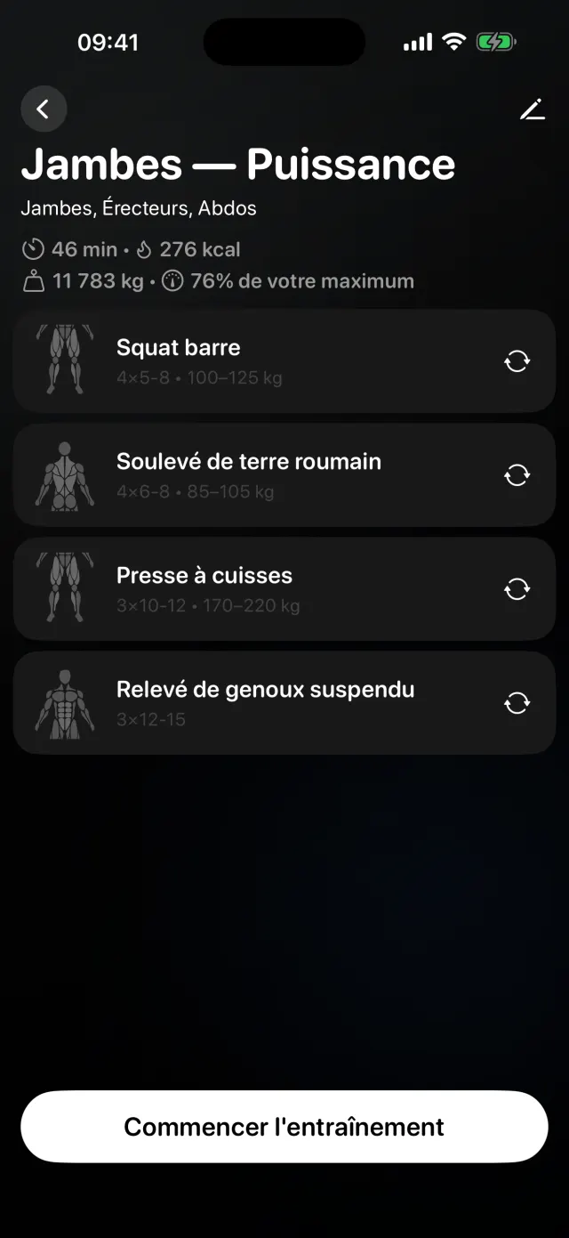 Briefing avant une séance jambes&nbsp;: exercices, séries × répétitions, fourchettes de charges conseillées et bouton «&nbsp;Commencer l’entraînement&nbsp;»