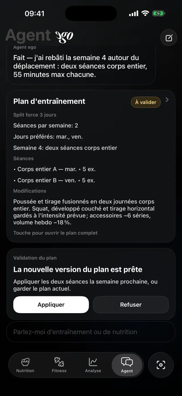 Chat avec le coach IA&nbsp;: une modification du programme proposée, à valider avant qu’elle s’applique