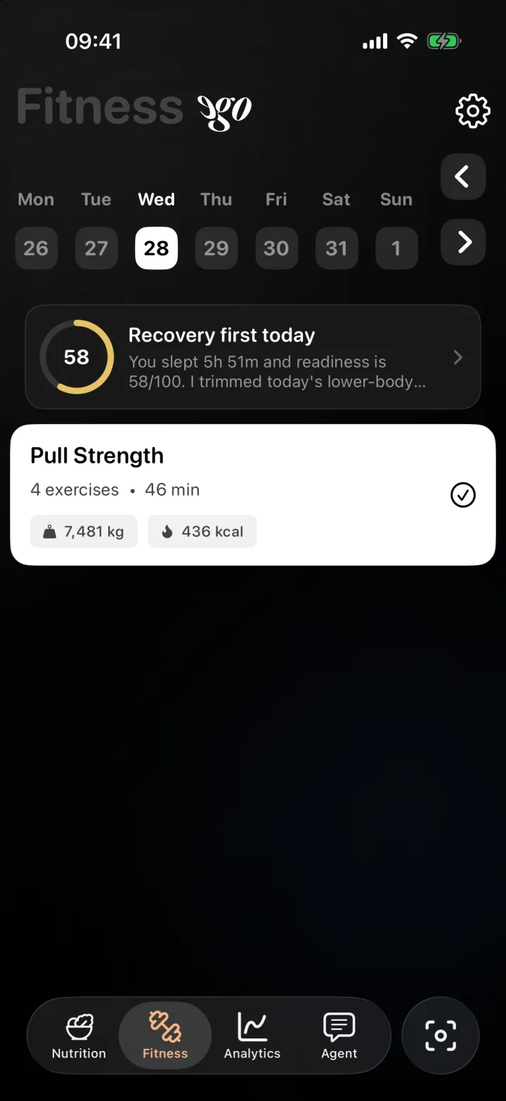 ego's Fitness screen: Recovery first today, readiness 58 of 100 after 5 h 51 m of sleep, with today's session trimmed
