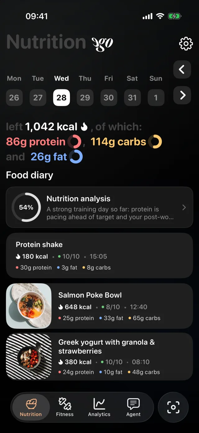 ego food diary with calories left for the day and logged meals