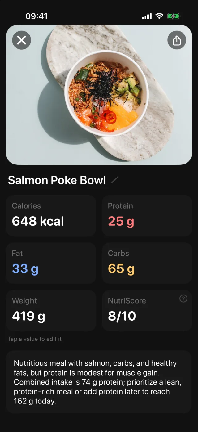 A meal photo turned into calories and macros in ego